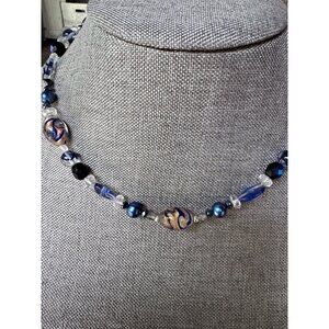 Handcrafted Glass Bead Necklace With Blue & Gold Swirl Accents On Adjustable Sil
